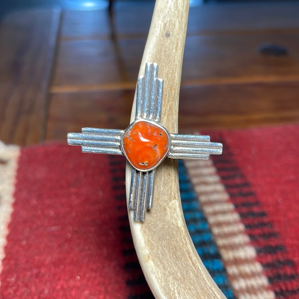 SOLD…Native Red Coral Sterling Zia Adjustable Ring